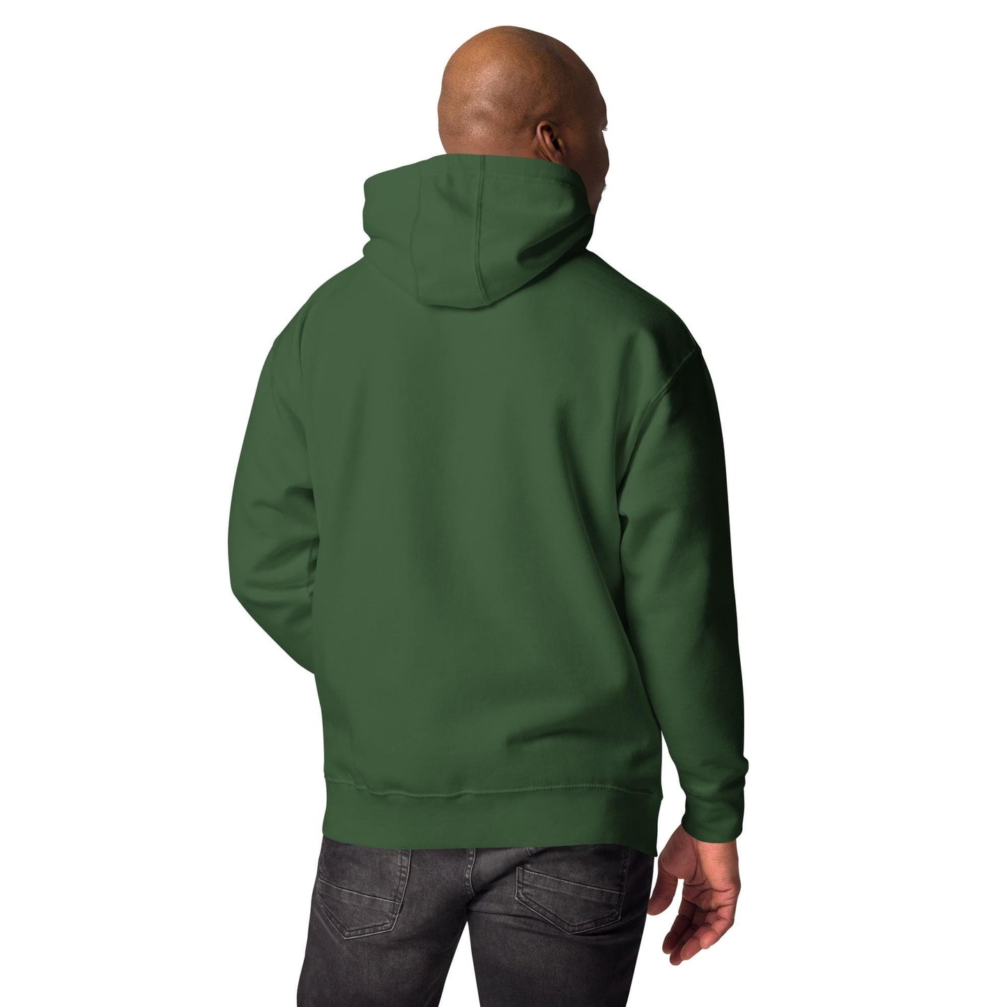 Back view of forest green hoodie on male model, showing oversized fit and premium cotton material for daily wear.