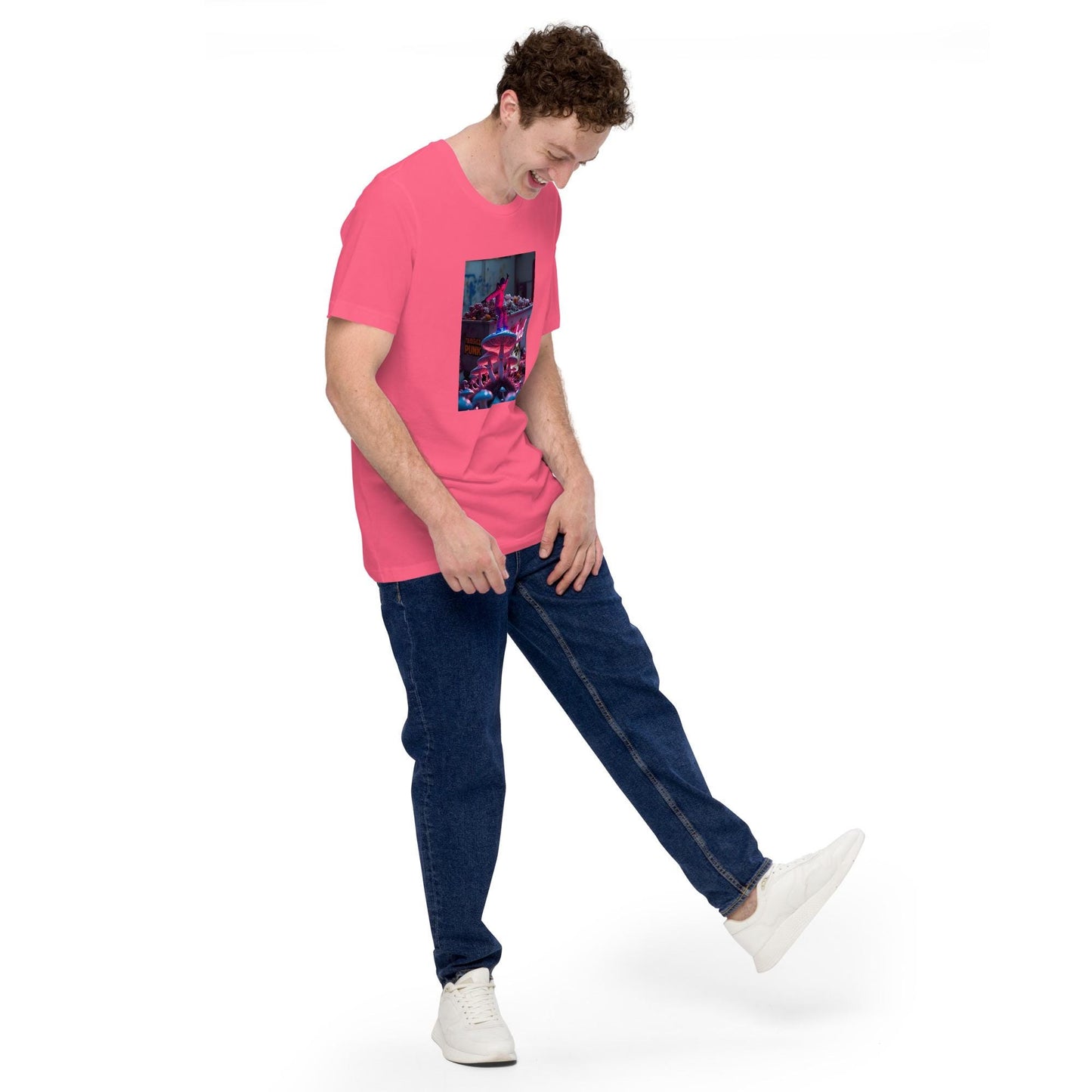 Full Body Shot Model Wearing Pink Graphic Tee Styled with Jeans