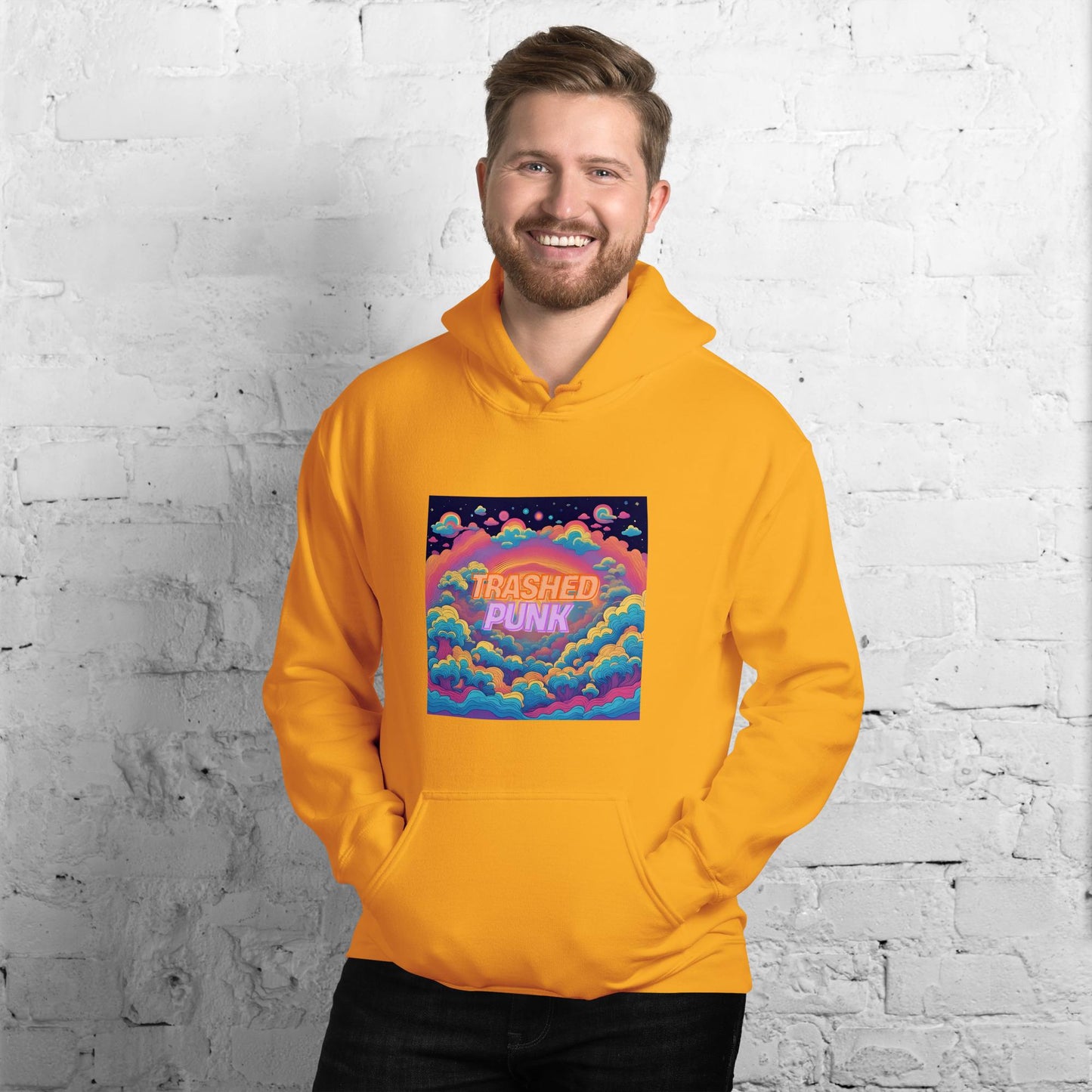 Gold Yellow Hoodie with Retro Cloud Design Mens Streetwear Style