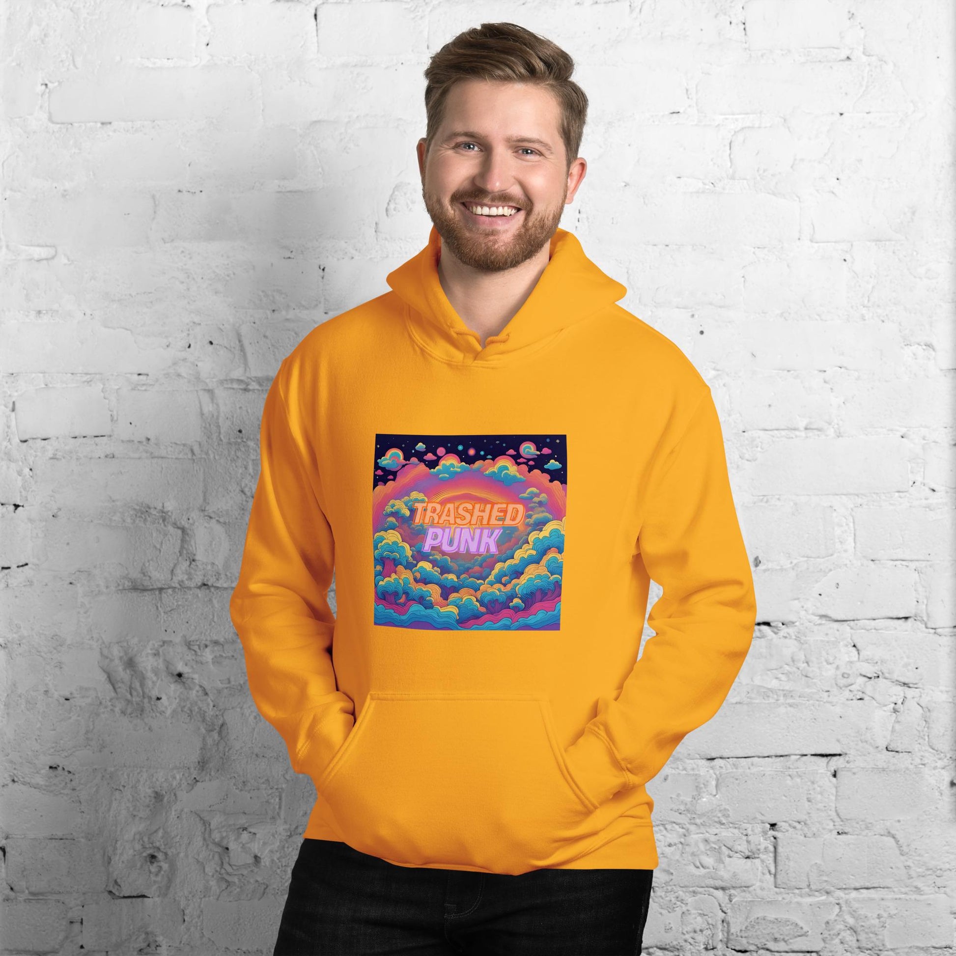 Gold Yellow Hoodie with Retro Cloud Design Mens Streetwear Style