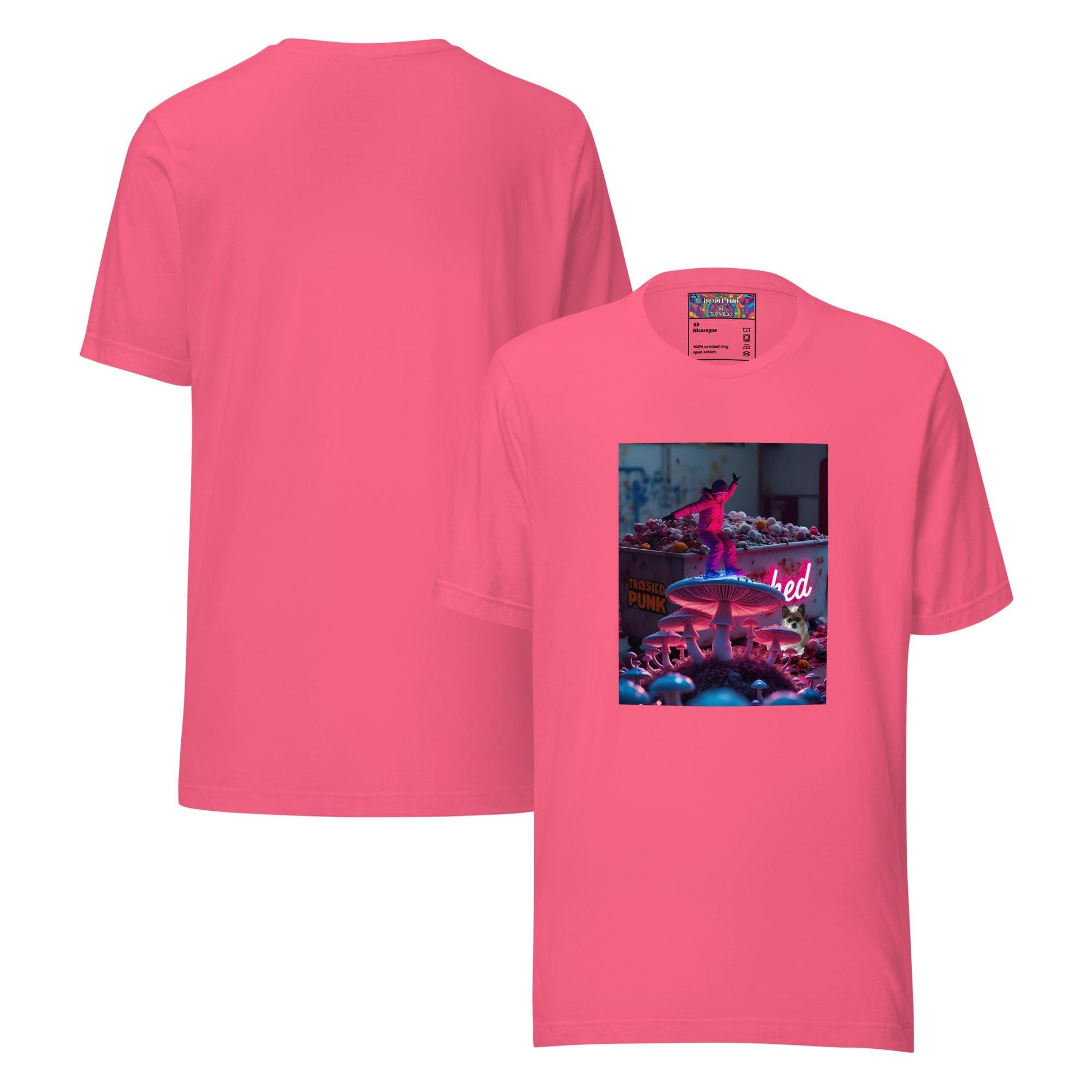 Pink Graphic T-Shirt Display Showing Front Print and Fabric Detail