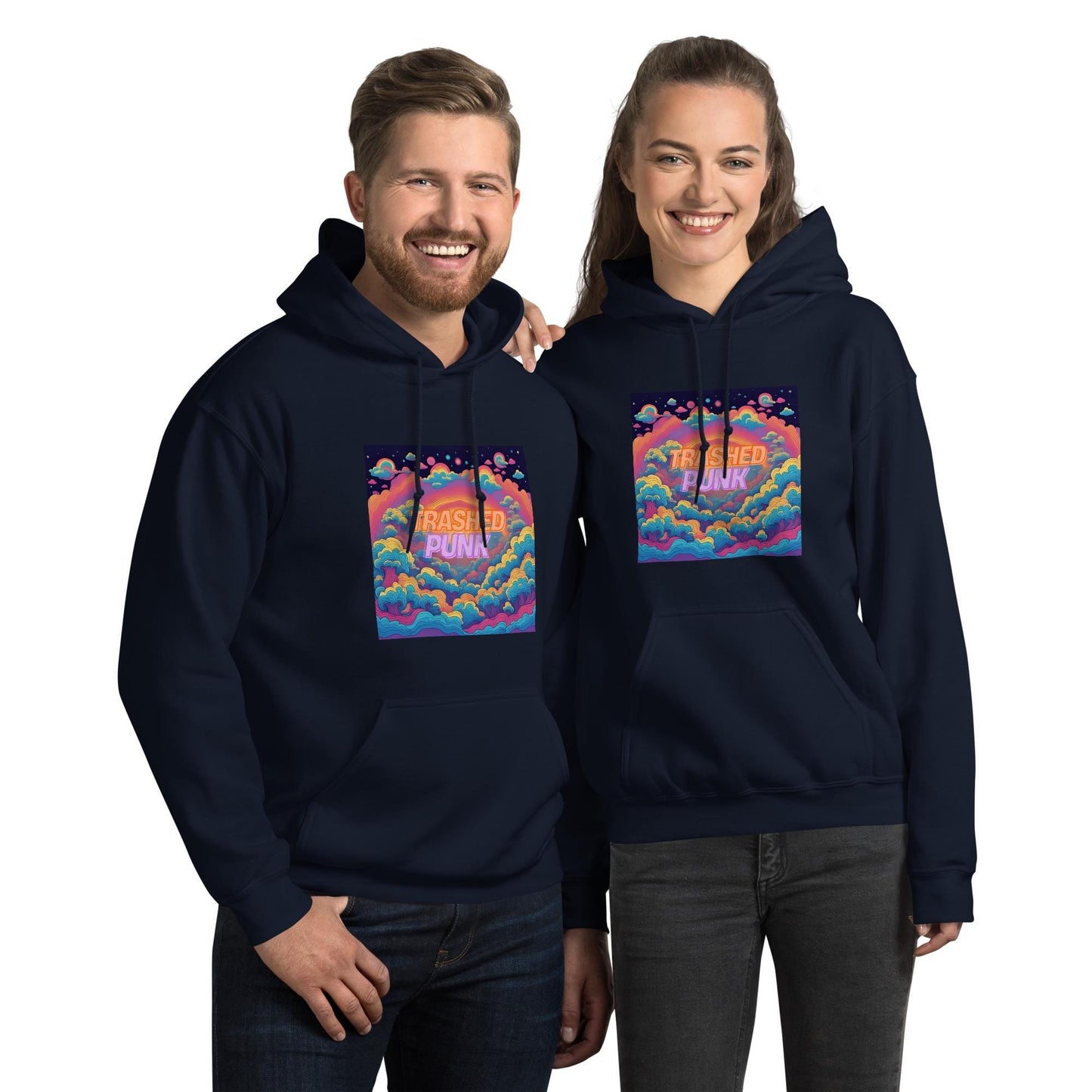 Couple Wearing Matching Navy Blue Trashed Punk Hoodies Unisex Fit