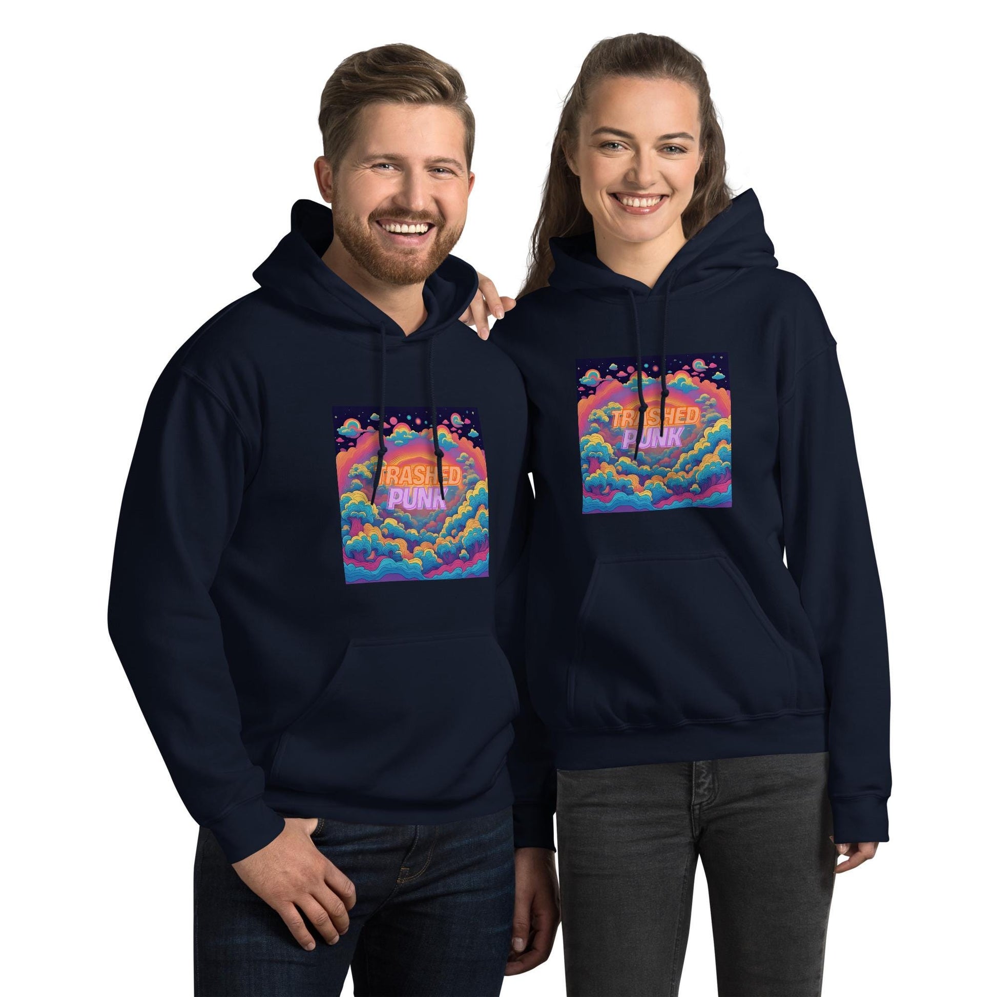 Couple Wearing Matching Navy Blue Trashed Punk Hoodies Unisex Fit