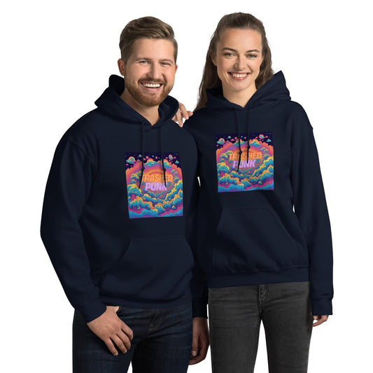 Couple Wearing Matching Navy Blue Trashed Punk Hoodies Unisex Fit