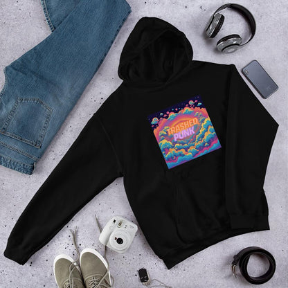 Flat Lay of Black Trashed Punk Hoodie with Jeans and Sneakers Outfit Grid