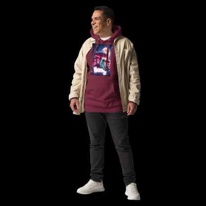 Maroon Graphic Hoodie Layered Under Beige Jacket Winter Streetwear Look