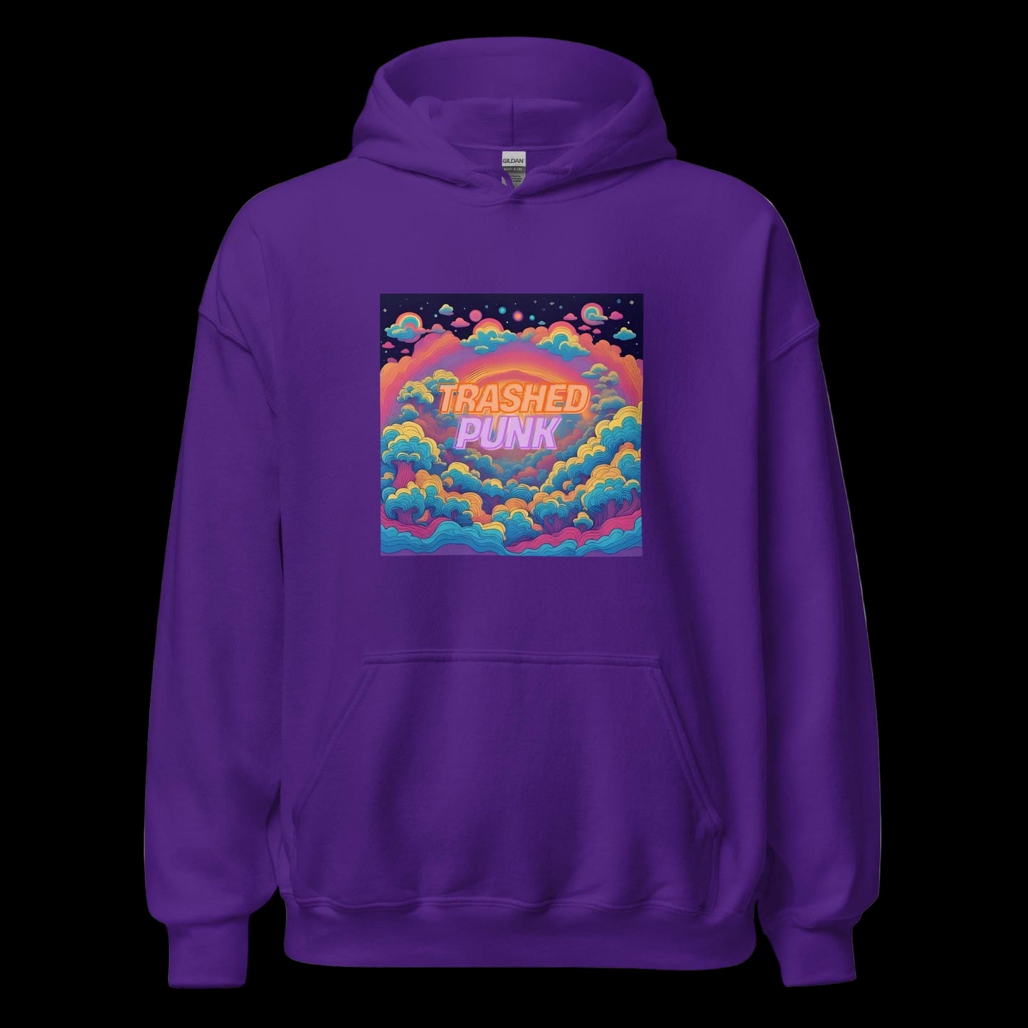Purple Hoodie with Colorful Trashed Punk Cloud Graphic Front View