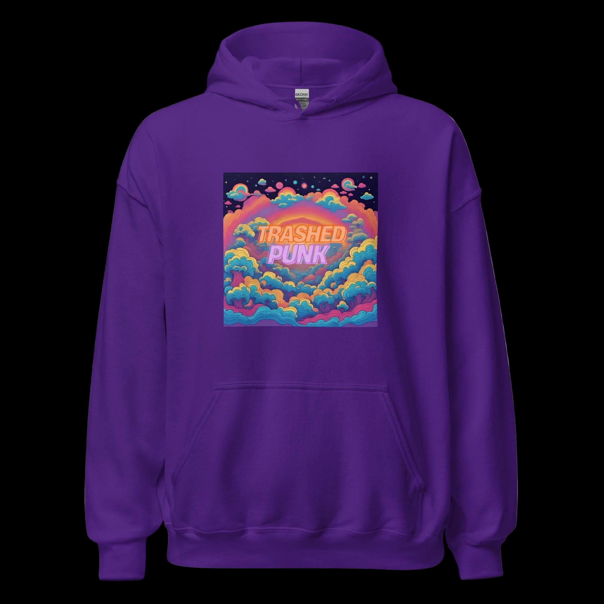 Purple Hoodie with Colorful Trashed Punk Cloud Graphic Front View