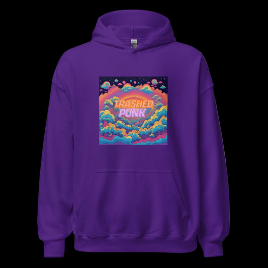 Purple Hoodie with Colorful Trashed Punk Cloud Graphic Front View