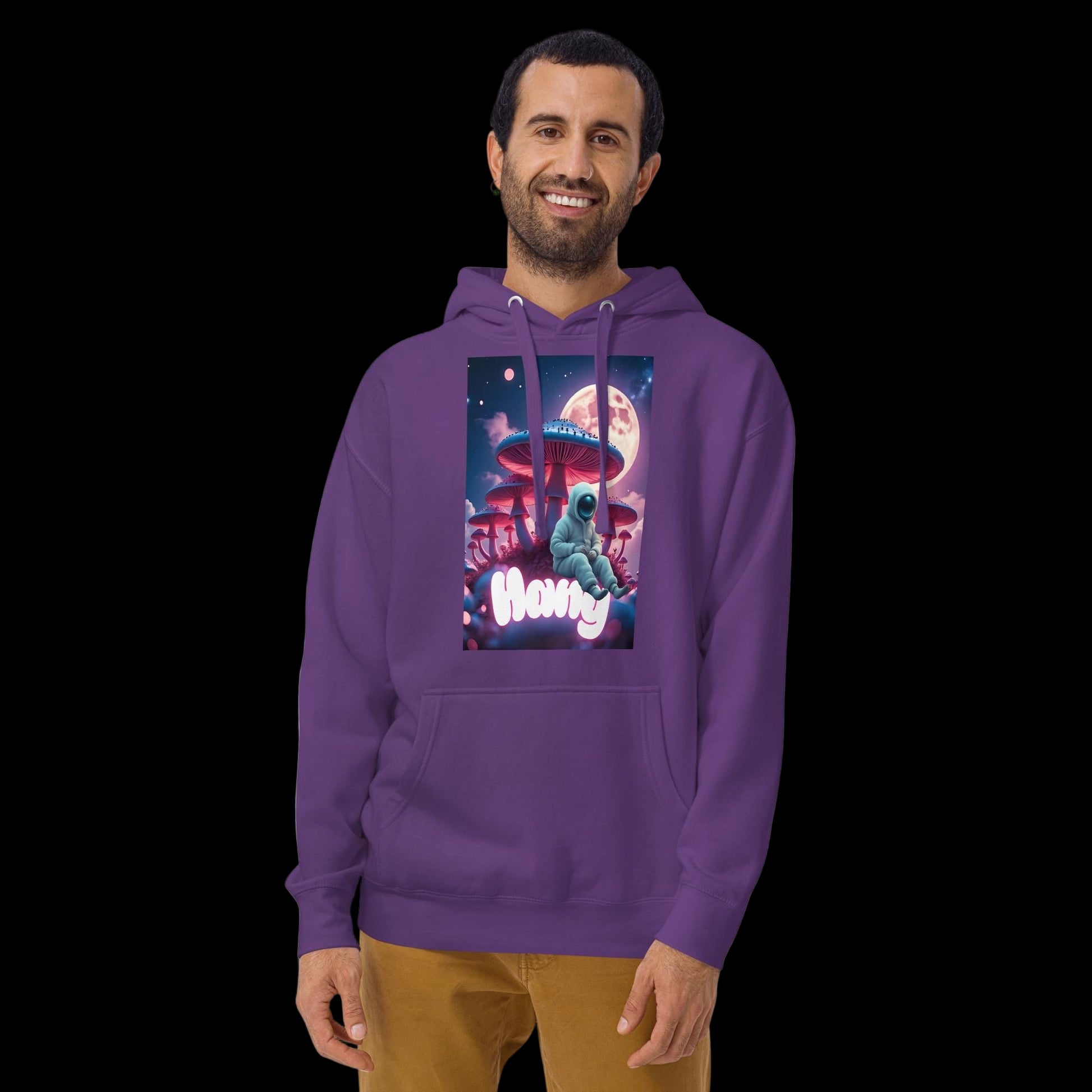 Man Wearing Purple Hoodie with Colorful Astronaut Space Design