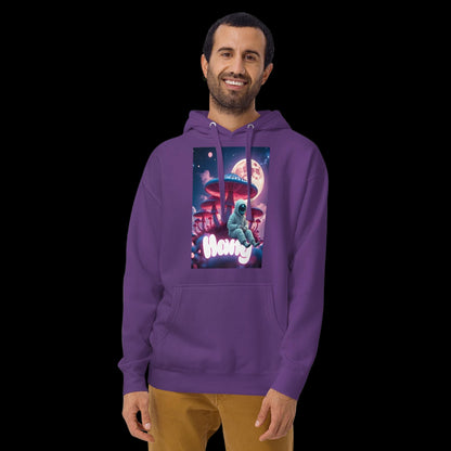 Man Wearing Purple Hoodie with Colorful Astronaut Space Design