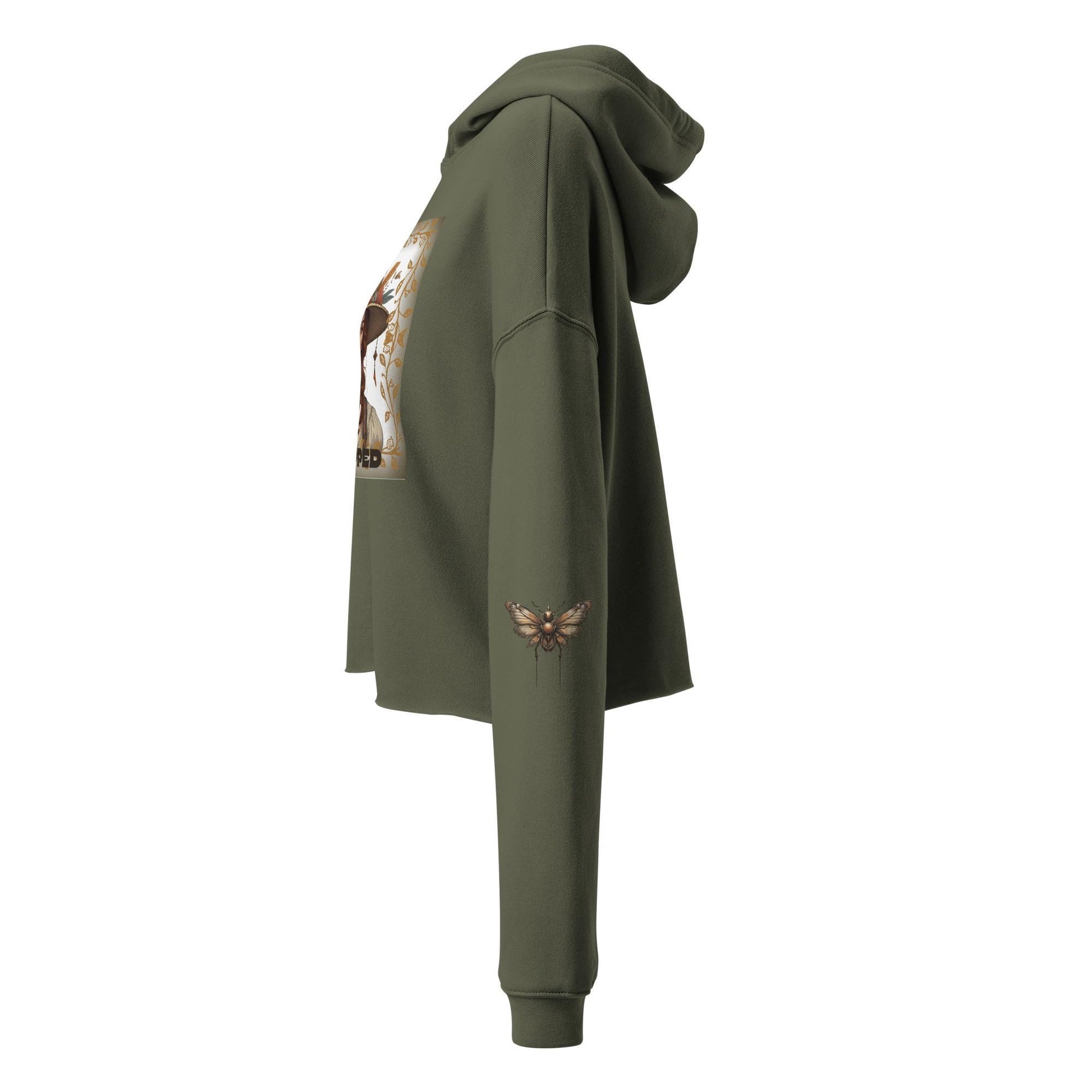 Olive Green Crop Hoodie Side View Showing Sleeve Detail and Raw Hem