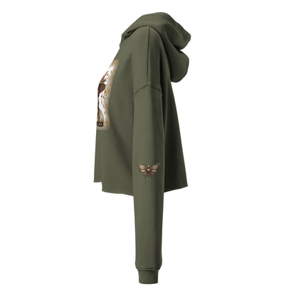Olive Green Crop Hoodie Side View Showing Sleeve Detail and Raw Hem