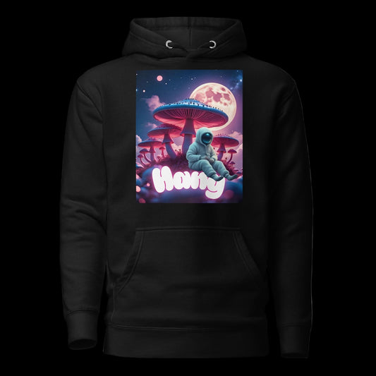 Black Hoodie with Astronaut Sitting Under Mushrooms Space Graphic Print