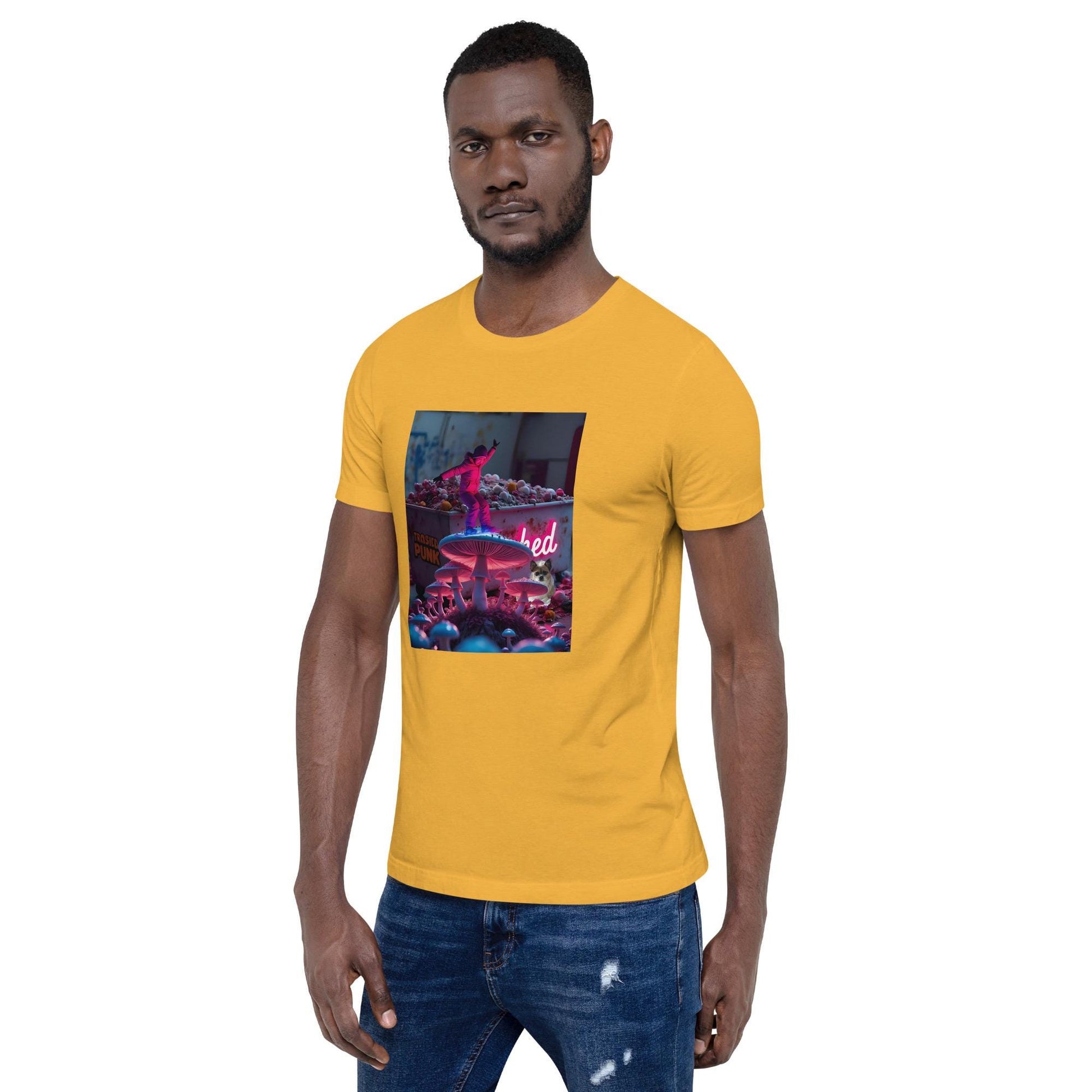 Man Wearing Yellow Graphic Tee with Neon Fantasy Art Print Streetwear