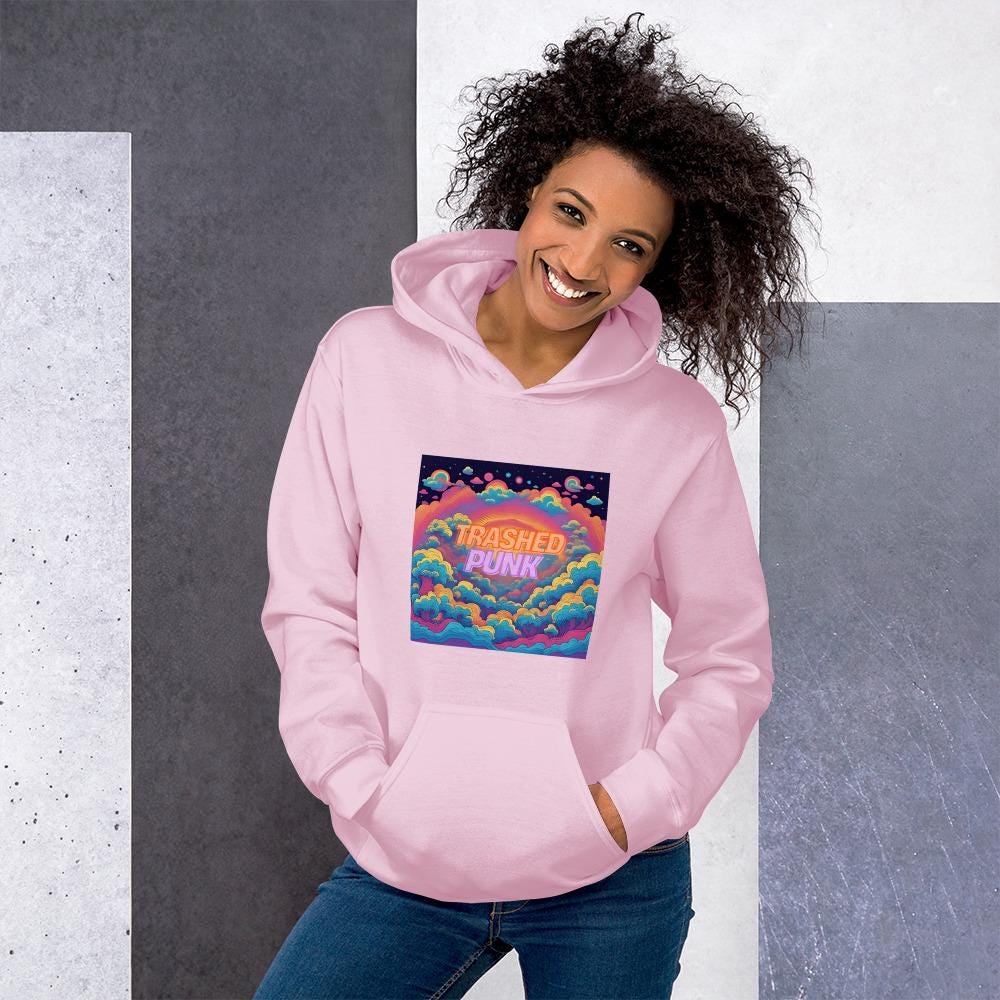 Light Pink Trashed Punk Hoodie Styled on Female Model Casual Streetwear