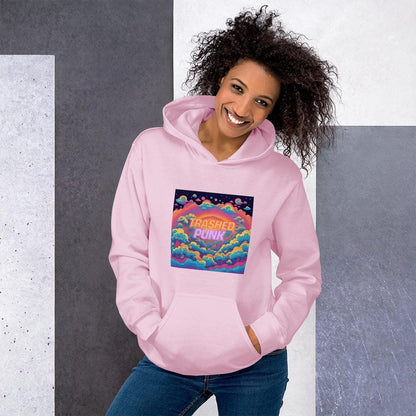 Light Pink Trashed Punk Hoodie Styled on Female Model Casual Streetwear