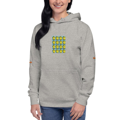 Female model wearing grey Trashed Punk hoodie with yellow neon grid chest graphic, cozy rave outfit female and festival clothing women.