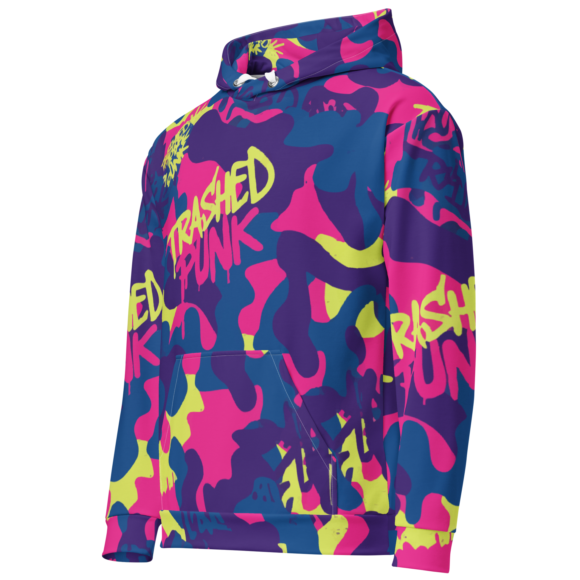 Trashed Punk Late and Loud Camo Hoodie with neon pink and purple abstract camouflage print, perfect for rave outfits and festival clothing men and women.