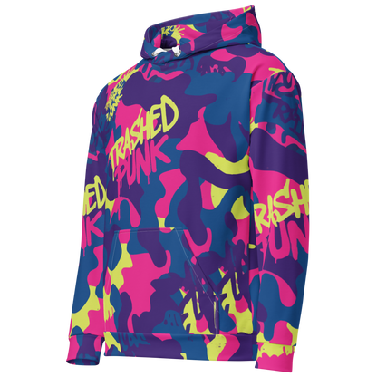 Trashed Punk Late and Loud Camo Hoodie with neon pink and purple abstract camouflage print, perfect for rave outfits and festival clothing men and women.