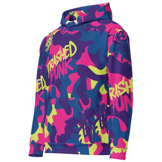 Trashed Punk Late and Loud Camo Hoodie with neon pink and purple abstract camouflage print, perfect for rave outfits and festival clothing men and women.