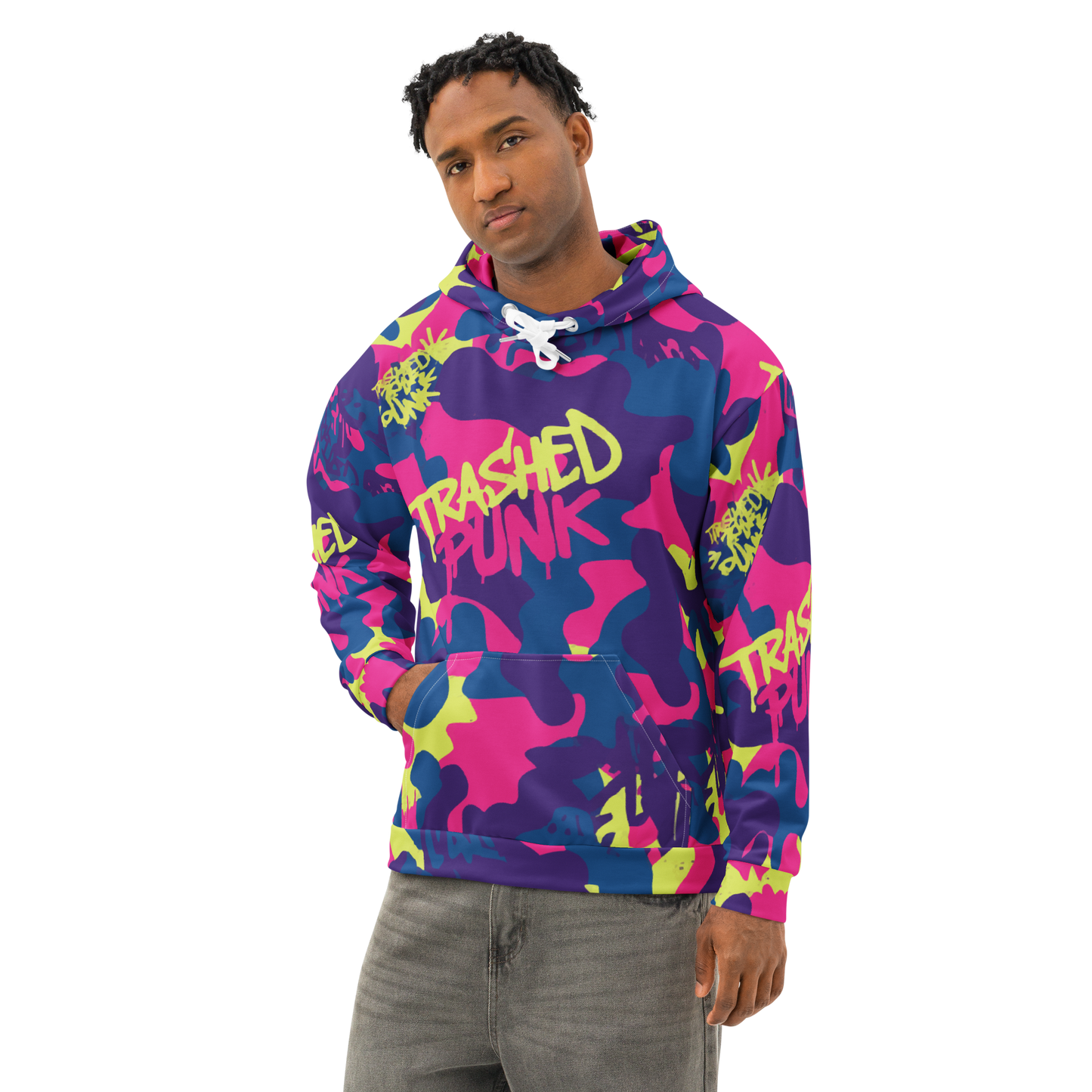 Male model wearing Trashed Punk Late and Loud Camo Hoodie, neon abstract print for mens rave wear and rave clothes guys.