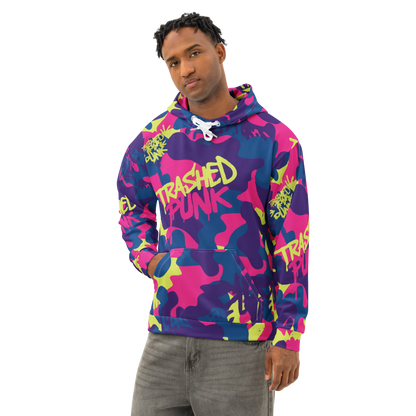 Male model wearing Trashed Punk Late and Loud Camo Hoodie, neon abstract print for mens rave wear and rave clothes guys.