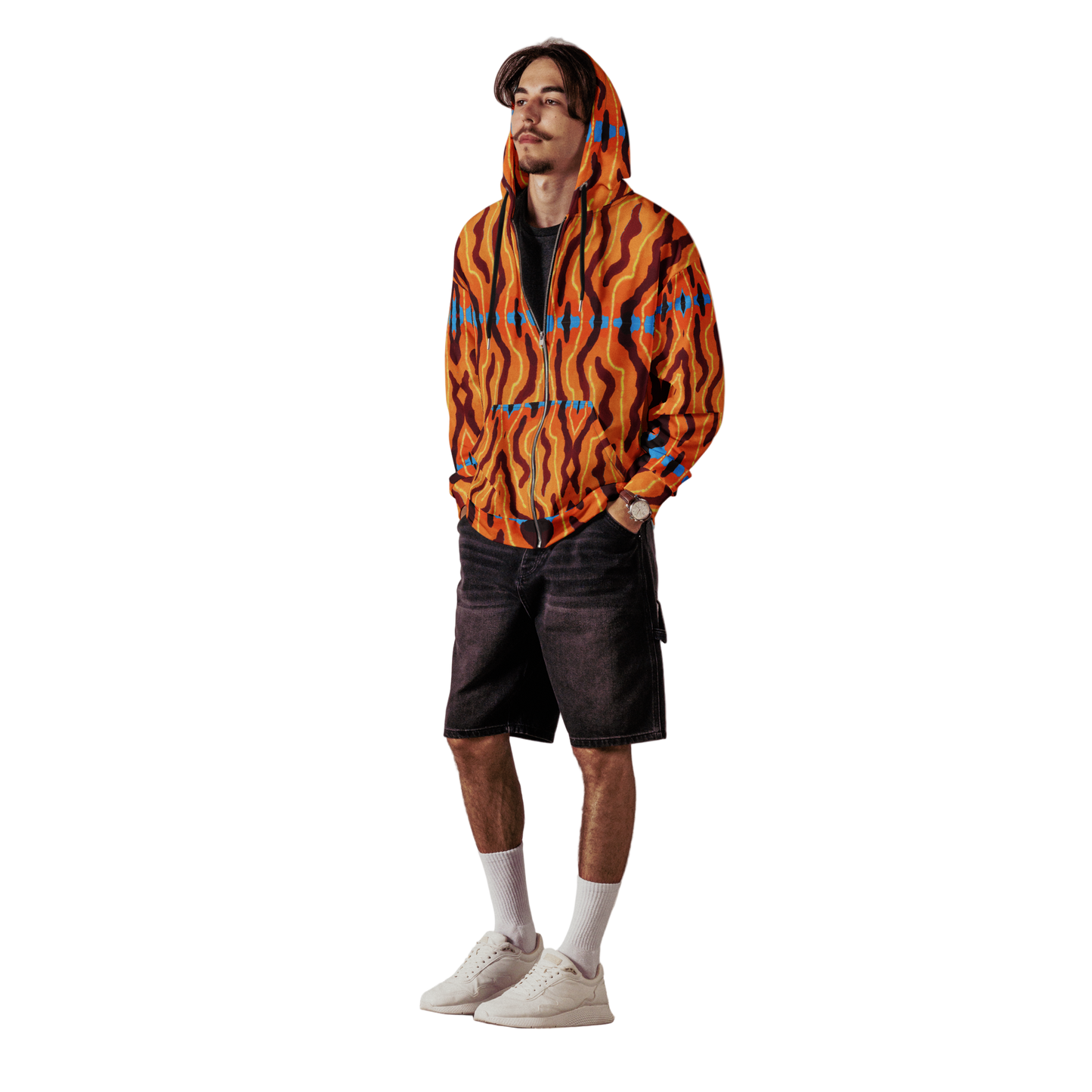 Male model wearing Neon Tiger Print Rave Jacket with black shorts, bold orange animal print for mens rave outfits and festival streetwear.
