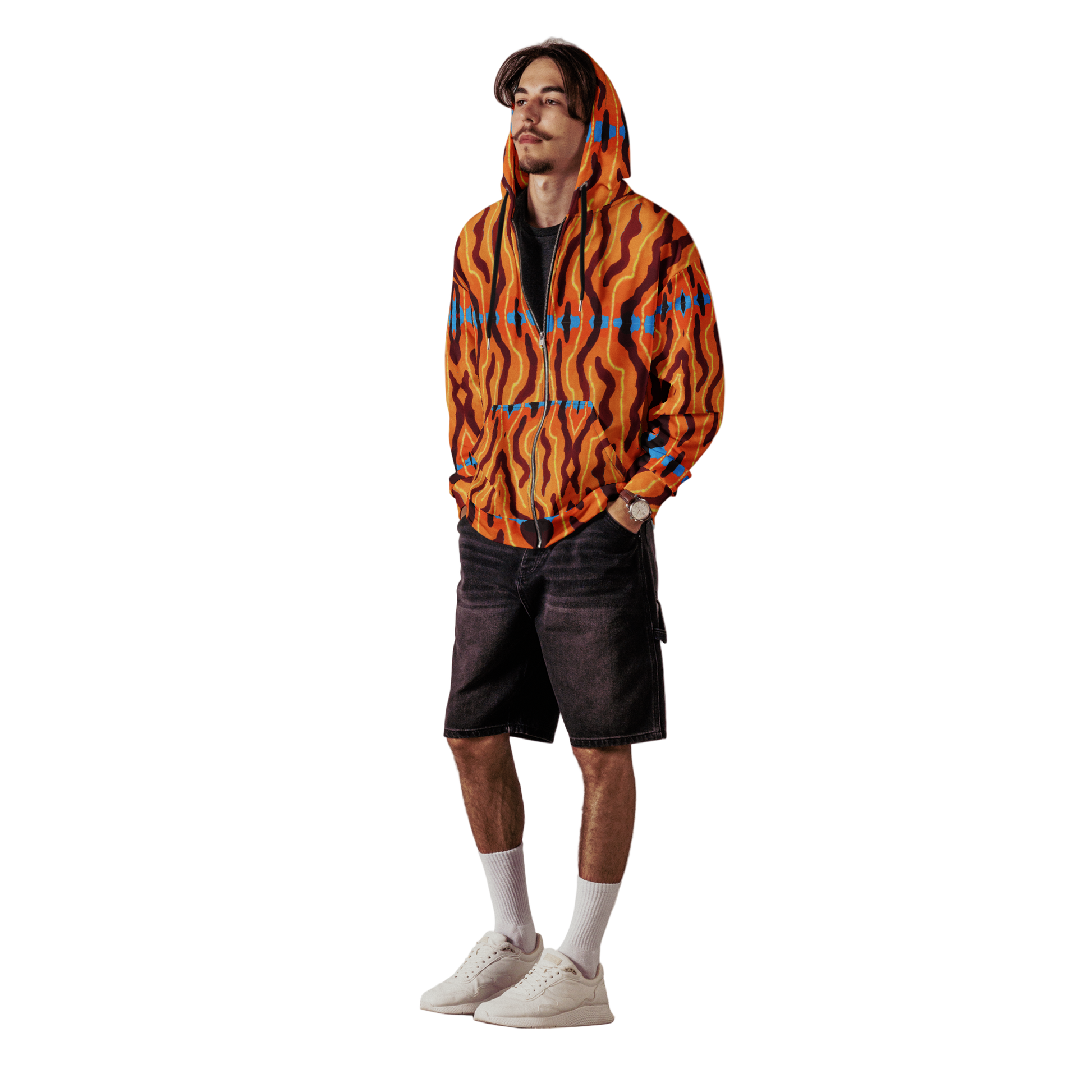 Male model wearing Neon Tiger Print Rave Jacket with black shorts, bold orange animal print for mens rave outfits and festival streetwear.