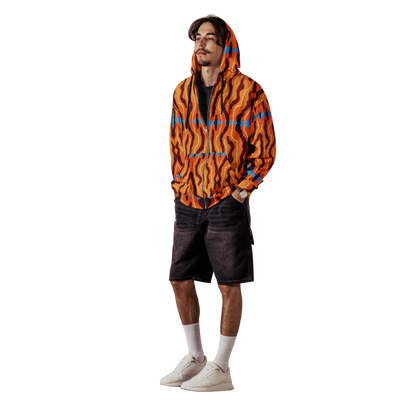 Male model wearing Neon Tiger Print Rave Jacket with black shorts, bold orange animal print for mens rave outfits and festival streetwear.