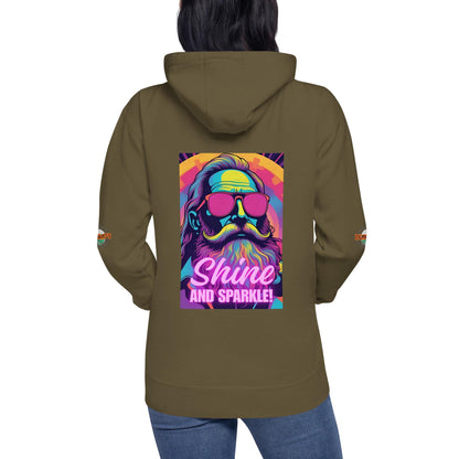 Female model wearing olive green hoodie back view with neon synthwave graphic, aesthetic rave outfit female and grunge festival clothing.