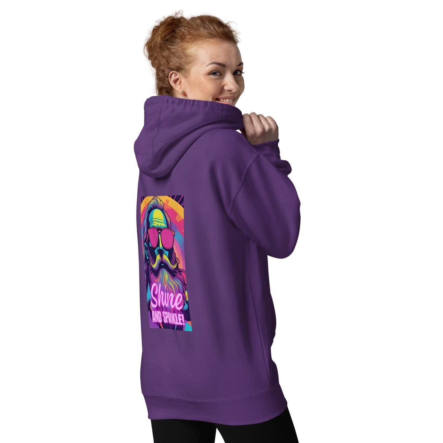 Female model wearing purple Trashed Punk hoodie back view with neon synthwave graphic, perfect for rave outfit female and aesthetic festival clothing.