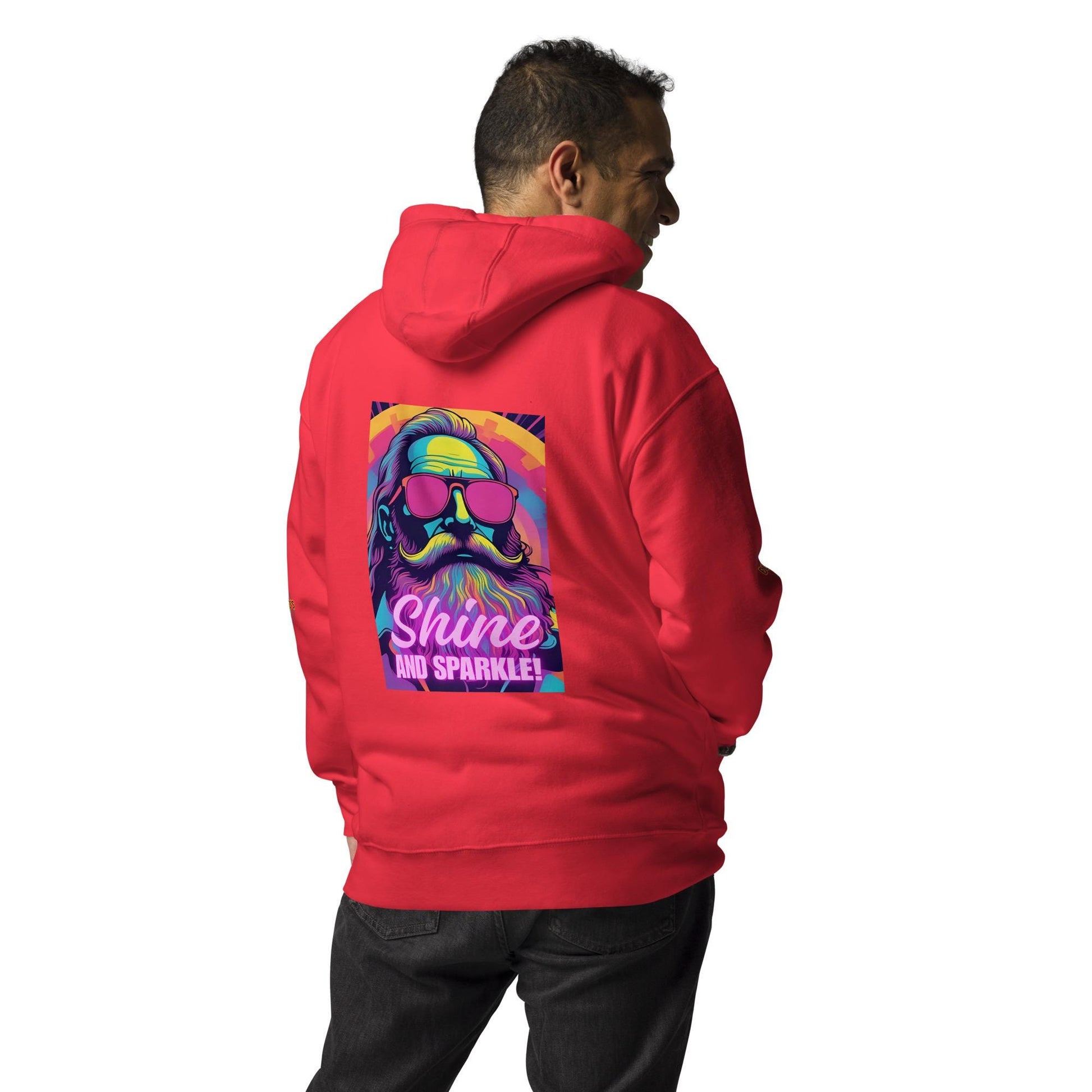 Male model in red hoodie back view with neon graphic print, bold mens rave clothing and festival streetwear style.