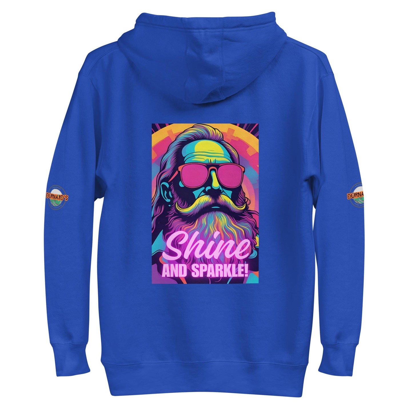 Royal blue hoodie back view with neon "Shine and Sparkle" graphic print, electric festival clothing and mens rave wear.