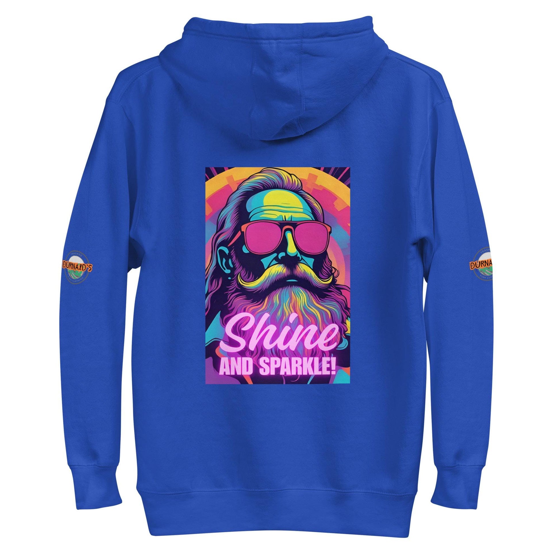 Royal blue hoodie back view with neon "Shine and Sparkle" graphic print, electric festival clothing and mens rave wear.