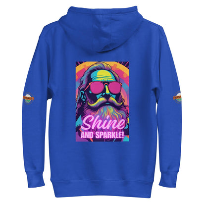 Royal blue hoodie back view with neon "Shine and Sparkle" graphic print, electric festival clothing and mens rave wear.