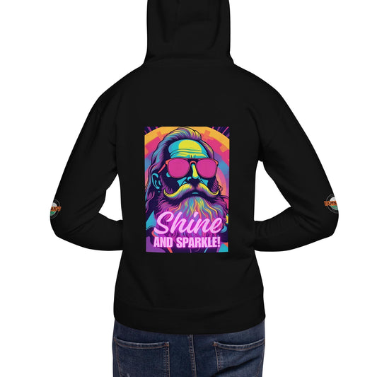 Black hoodie back view featuring "Shine and Sparkle" neon graphic, synthwave aesthetic print for rave outfits and festival clothing.