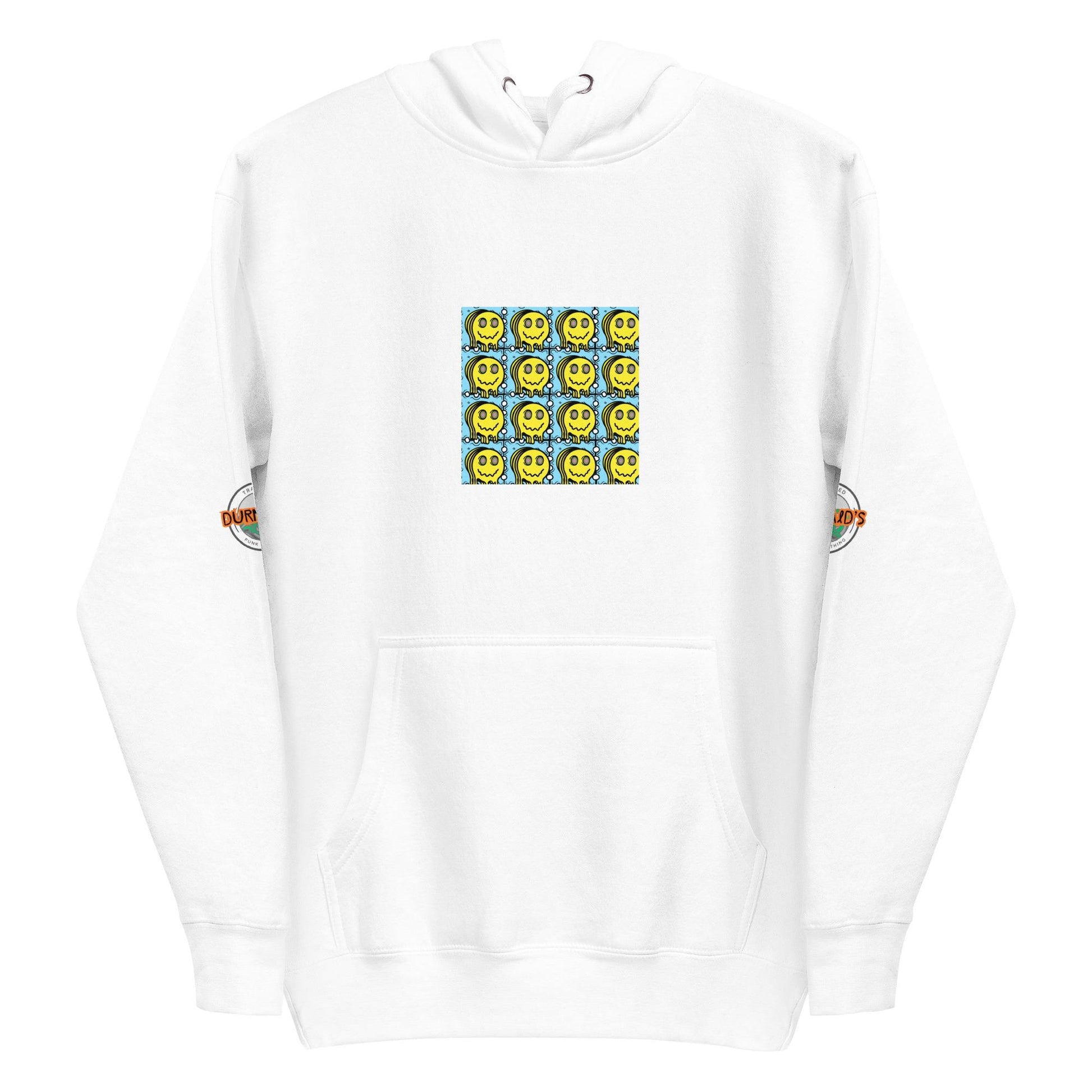 White hoodie front view featuring yellow smiley face grid graphic on chest, aesthetic streetwear for rave outfits and festival clothing.