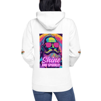 Female model wearing white Trashed Punk hoodie back view with neon synthwave graphic, clean aesthetic rave outfit female and festival clothing.