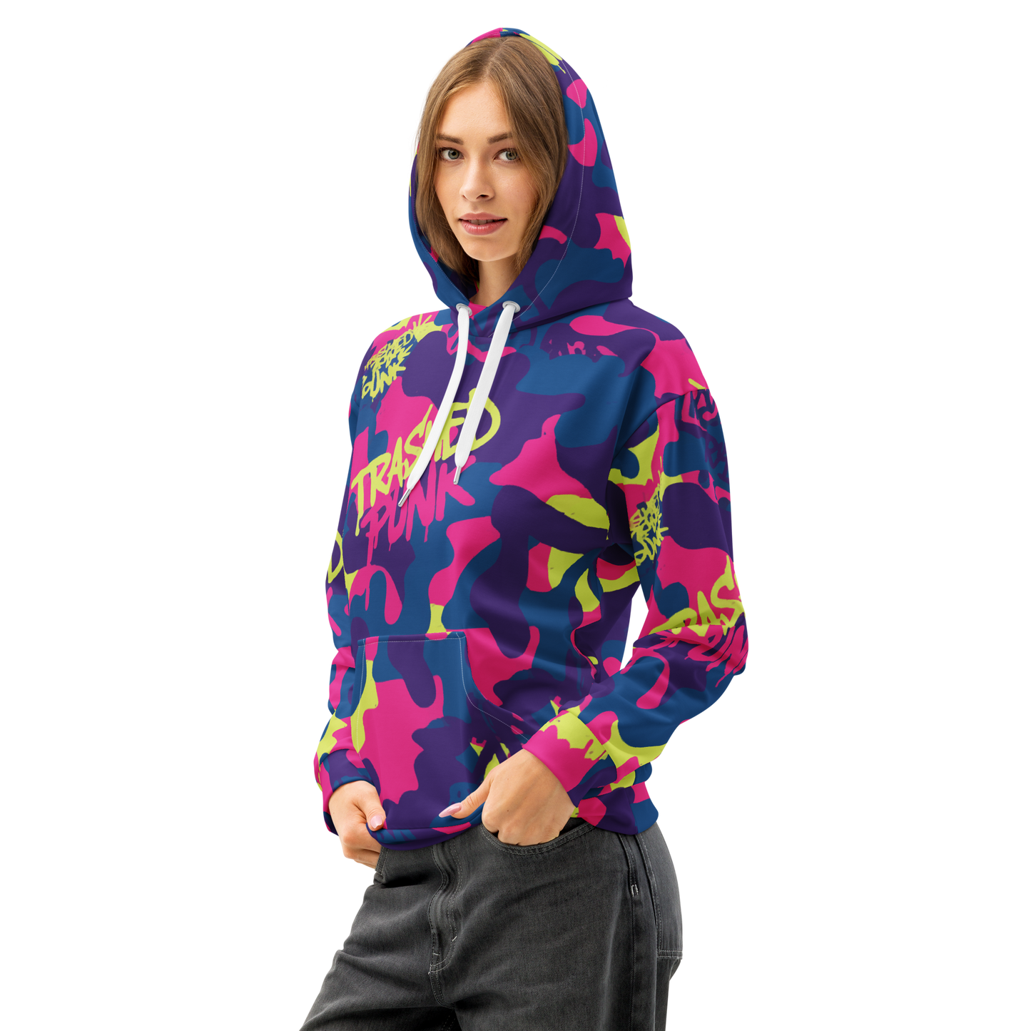 Female model wearing Trashed Punk Late and Loud Camo Hoodie, colorful psychedelic print for rave outfit female and festival clothing women.
