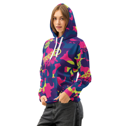 Female model wearing Trashed Punk Late and Loud Camo Hoodie, colorful psychedelic print for rave outfit female and festival clothing women.
