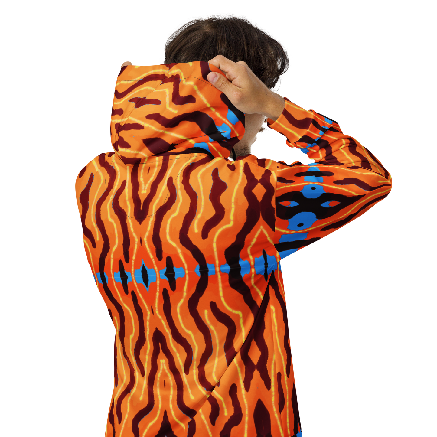 Model with hood up wearing Neon Tiger Jacket, edgy fashion style for cyber street outfits and underground rave parties.