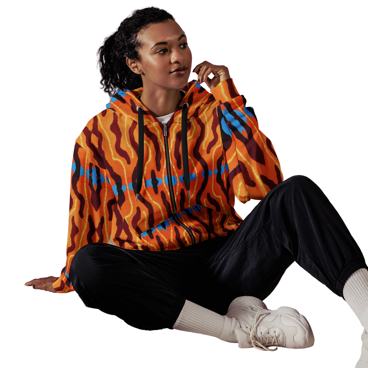 Male model sitting in Neon Tiger Print Rave Jacket, casual streetwear vibe for rave attire men and urban fashion trends USA.