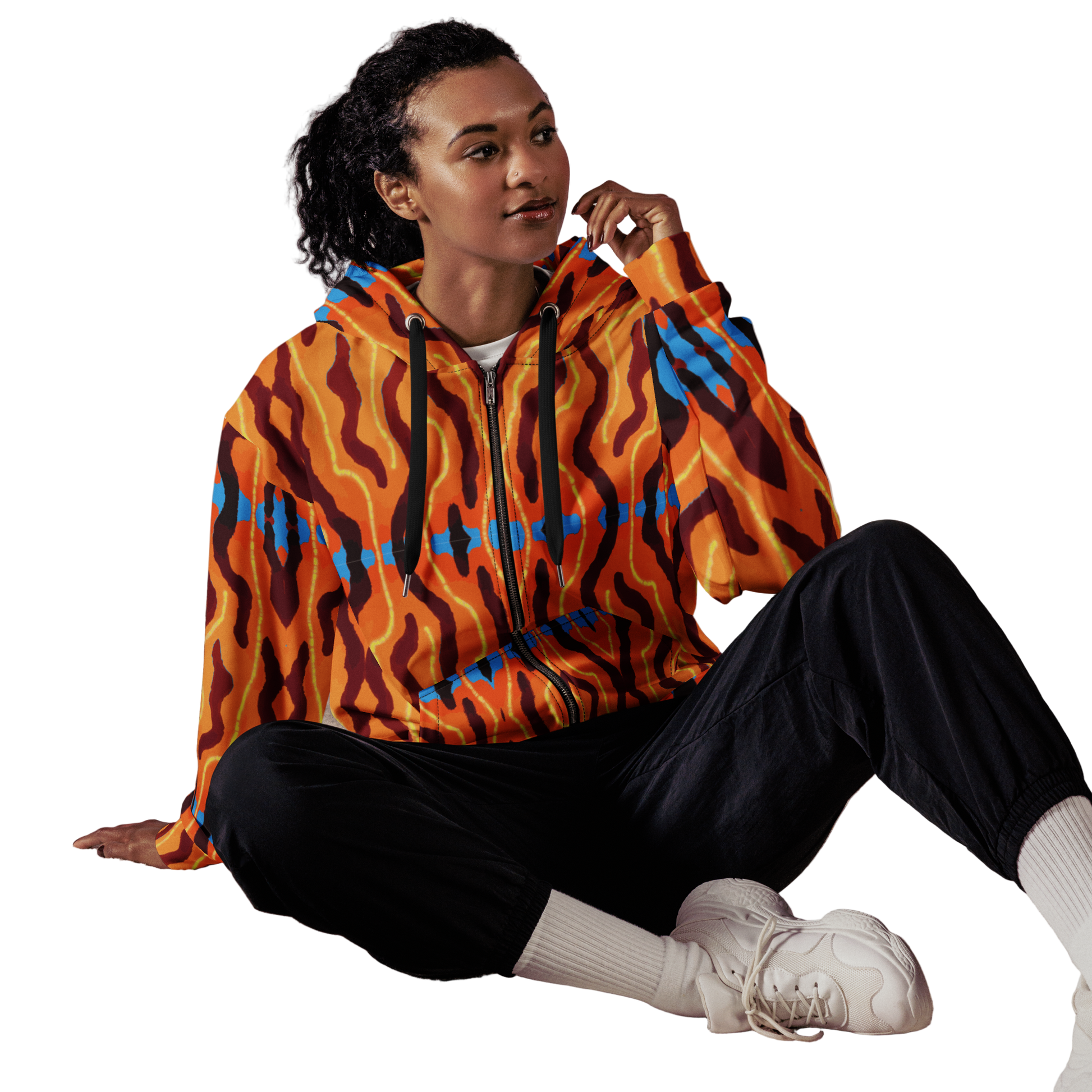 Male model sitting in Neon Tiger Print Rave Jacket, casual streetwear vibe for rave attire men and urban fashion trends USA.
