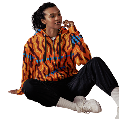 Male model sitting in Neon Tiger Print Rave Jacket, casual streetwear vibe for rave attire men and urban fashion trends USA.