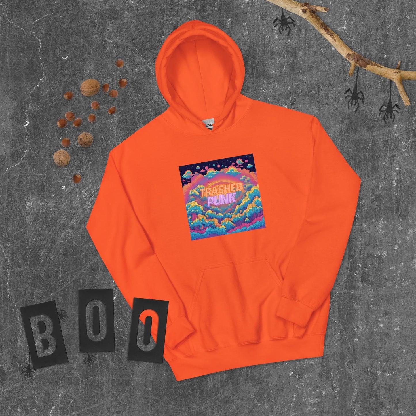 Orange Hoodie Flat Lay Autumn Halloween Theme with Leaves and Decor