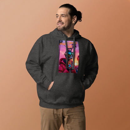 Man wearing dark grey hoodie with sunglasses graphic, grunge aesthetic vibe for chill skater outfits and street fashion.