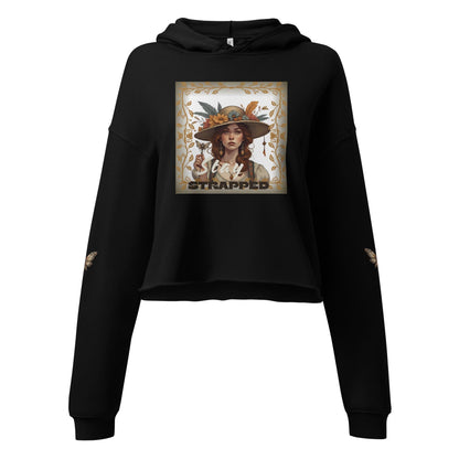 Women's Black Crop Hoodie with Vintage Stay Strapped Graphic Print