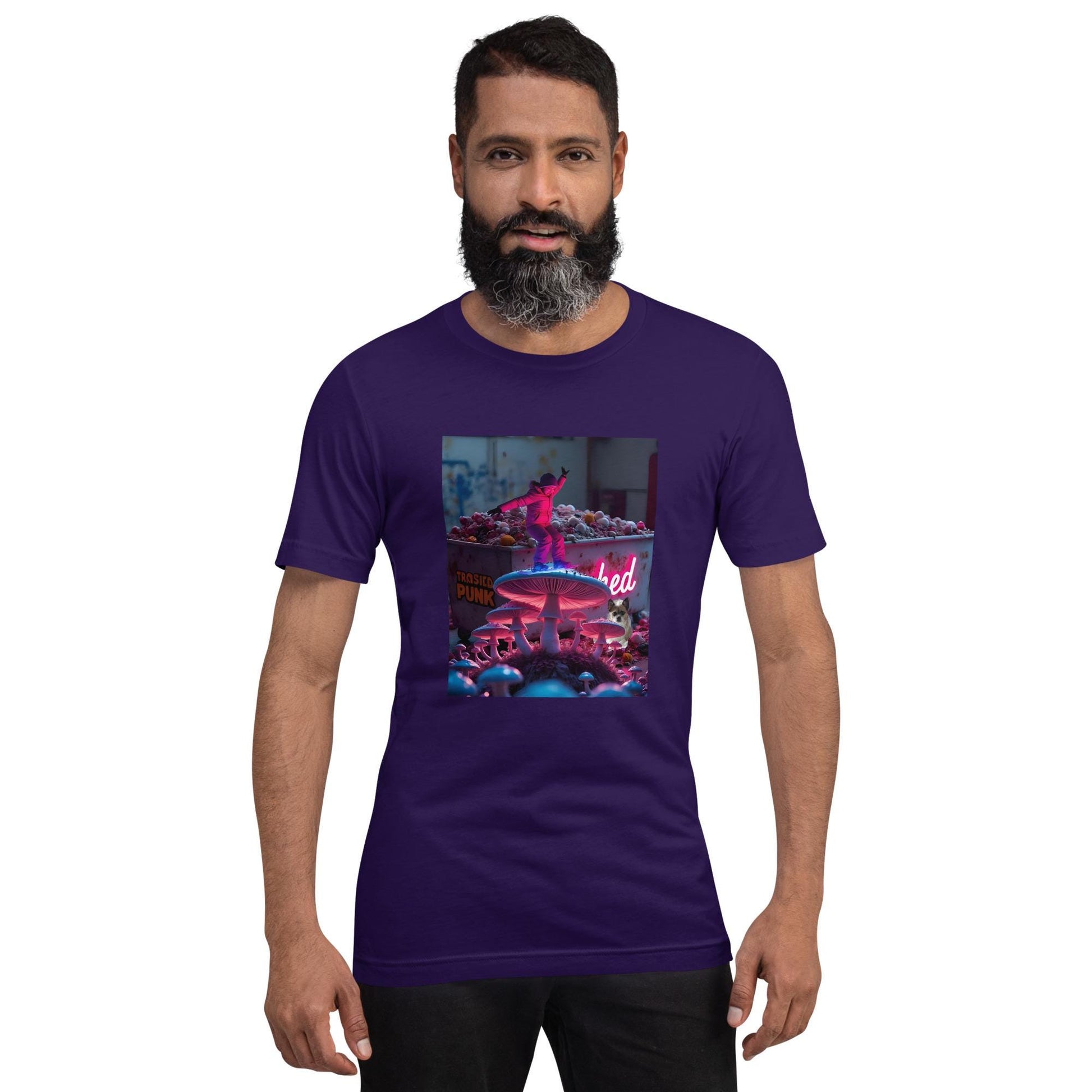 Male Model Wearing Purple Psychedelic Mushroom Print T-Shirt Front View