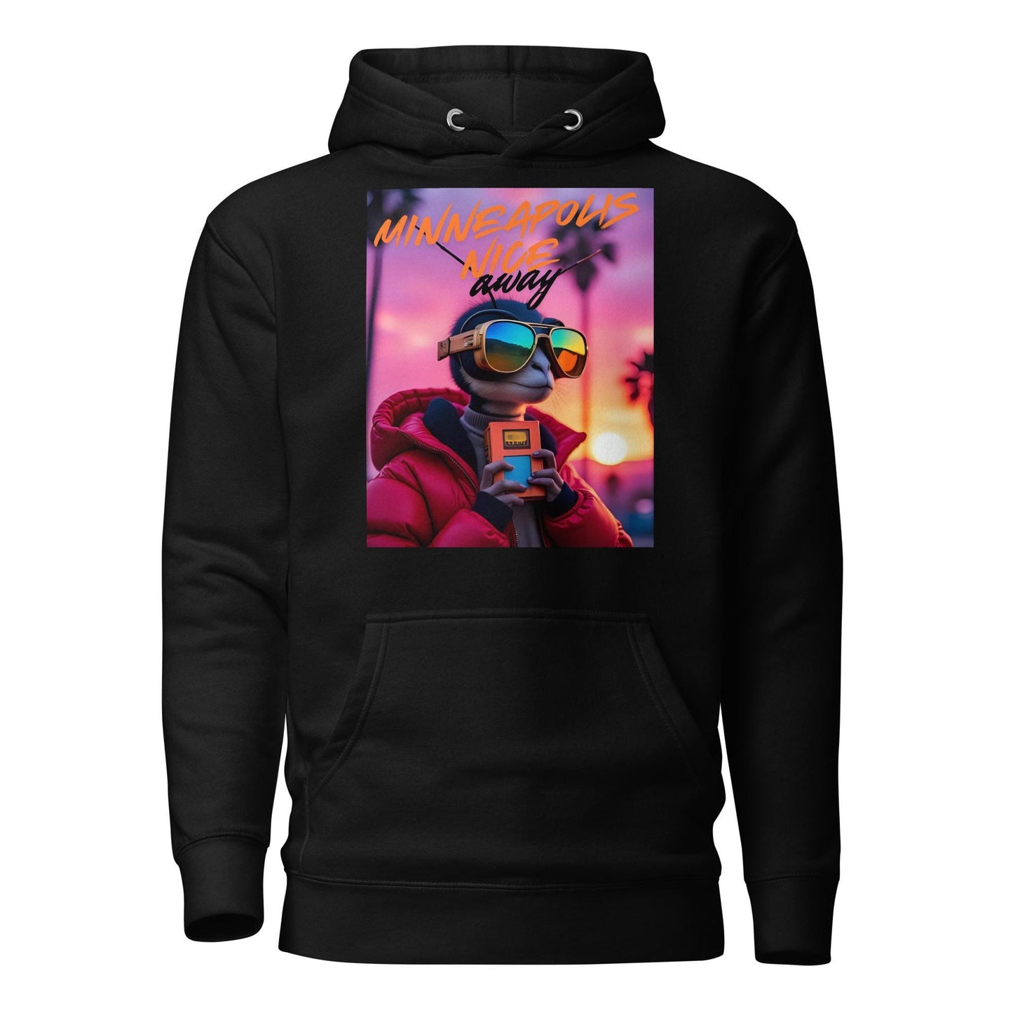 Black hoodie with retro vaporwave lizard graphic, cool cyber street outfit and unique punk designs for rave fashion.